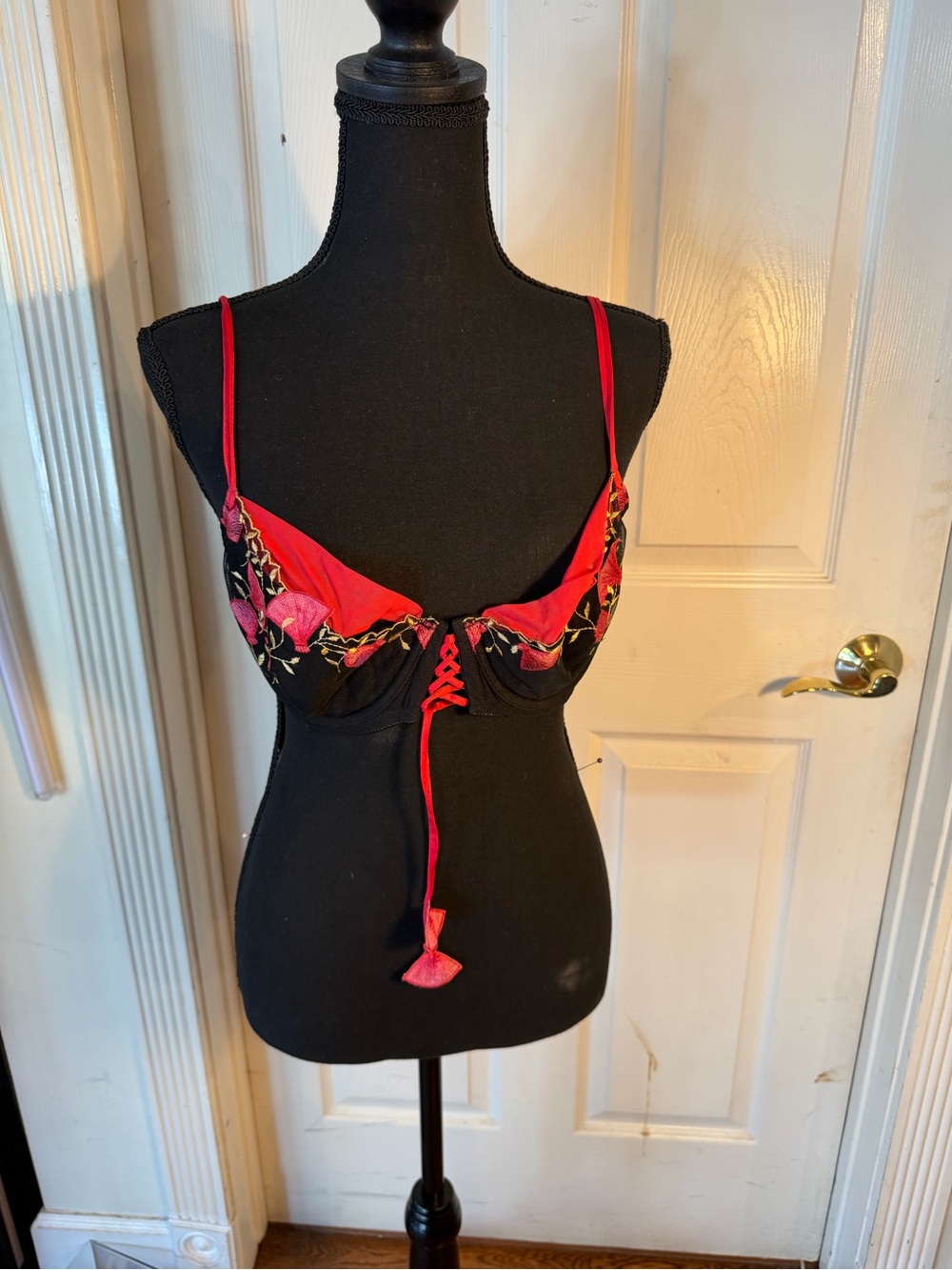 Embroidered Red & Black Lace-Up Underwire Bralette